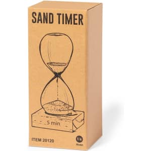 A sand timer in a brown cardboard box featuring a simple illustration and a wooden base, designed for five-minute timing.