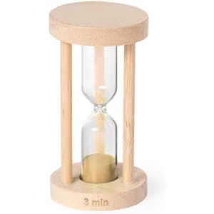 A wooden sand timer with a natural finish, featuring a glass hourglass and sand for timing three minutes.