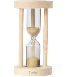 A wooden sand timer with a transparent glass chamber, measuring 3 minutes, featuring light wood accents.