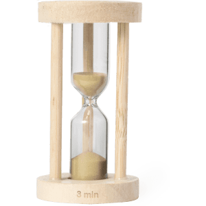 A wooden sand timer with a natural finish, featuring an hourglass design and gold sand, measuring three minutes.