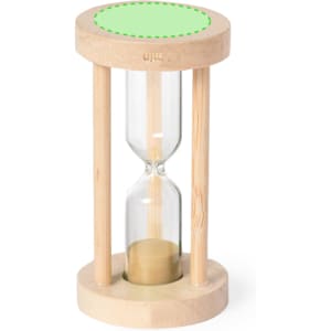 A wooden sand timer with a clear glass hourglass and green top, featuring a sandy-coloured interior.
