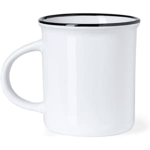 A white coffee mug with a black rim and a sturdy handle. It features a logo on the surface.
