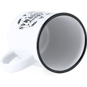 A white mug with a black rim and handle, featuring a logo and decorative design.
