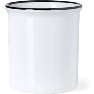 A white coffee mug with a black rim and a glossy finish. The mug features a brand logo.
