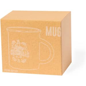 A cardboard box containing a coffee mug, featuring a simple design and handle. The box is brown.