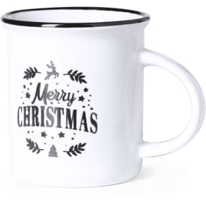 A white mug with a black rim, featuring festive black typography and decorative elements.