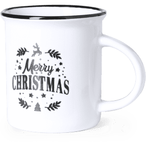 A white mug with a black rim featuring a Christmas design and branding.
