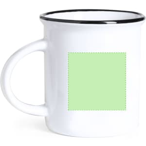 A white mug with a black rim featuring a blank green square for customisation.