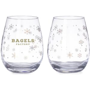 A set of transparent drinking glasses featuring a snowflake pattern and a logo, in a round shape.