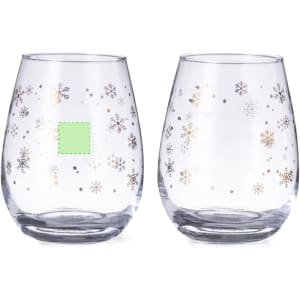 A set of clear glass cups with decorative snowflake patterns in silver and gold. Each cup is shaped elegantly.
