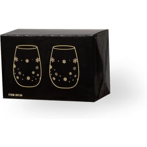 A black box containing two decorative glass cups with floral designs. The box features a logo.