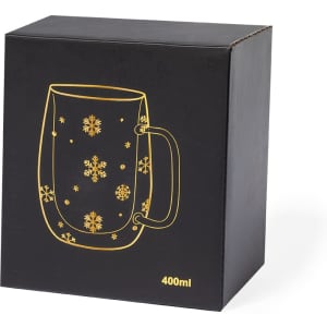 A glass mug in a black box, featuring a handle and snowy designs. The mug holds 400ml.