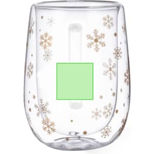 A clear glass mug featuring gold snowflake designs, with a plain area for custom branding.