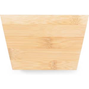 A bamboo nutcracker with a smooth, light brown finish. Features a simple, angular design and includes branding.
