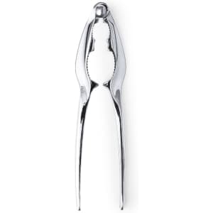 A shiny silver nutcracker with a sleek design, featuring a branding logo on its handle.