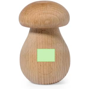 A wooden nutcracker in a mushroom shape, featuring a light wood finish and a small logo.