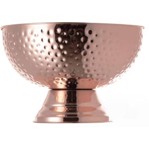 A rose gold champagne bucket with a hammered finish, featuring a sleek pedestal base and a polished look.