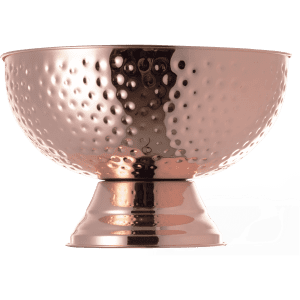 A copper champagne bucket with a hammered finish, featuring a polished base and a circular bowl shape.