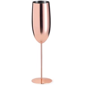 A sleek, rose gold flute glass with a tall stem and metallic finish, featuring a glossy interior.