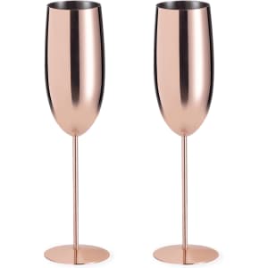 A pair of elegant rose gold flute glasses on slender stems, showcasing a shiny metallic finish.