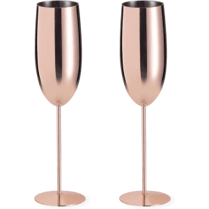 A set of two sleek, rose gold flute glasses with a modern design and slender stems.