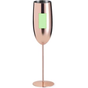 A rose gold flute glass with a shiny metallic finish and a tall stem. It features a placeholder for branding.