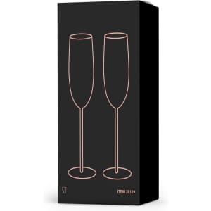 A sleek black box containing two elegant flute glasses with a minimalist design in pink outlines.