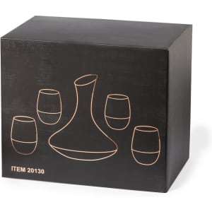 A black box featuring a wine decanter and four glasses outlined in rose gold. The box has a logo.
