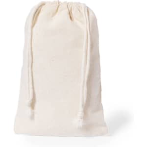 A drawstring bag in natural beige fabric, featuring a cinched closure and soft texture.