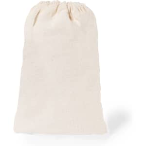 A cream-coloured drawstring pouch made from natural fabric, designed for storing items securely.