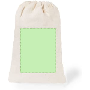 A natural fabric drawstring bag in beige with a blank green square for customization.