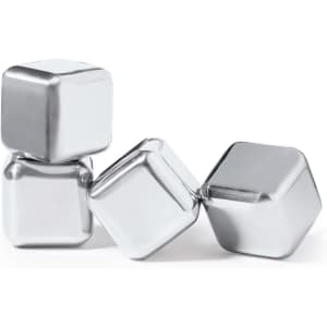 A set of four metallic ice cubes, with a shiny silver finish, arranged in a staggered formation.