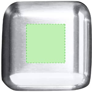 A metallic ice cube with a smooth surface and rounded edges, featuring a green square section.