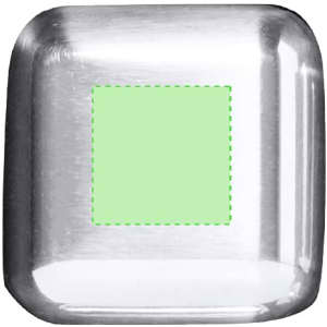 A metal ice cube with a smooth, shiny surface, featuring a square green area.