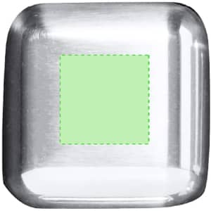 A stainless steel ice cube with a smooth, square design and a light green section in the centre.