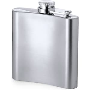 A drink bottle in silver with a smooth finish and a screw-top lid, featuring a branding logo.