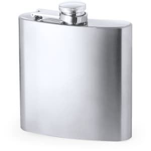 A drink bottle, stainless steel hip flask with a screw-top lid. Features a smooth, polished surface.
