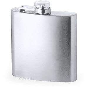 A drink bottle with a sleek silver finish and a screw-top lid, featuring a logo on the surface.