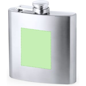 A stainless steel hip flask with a shiny finish and a screw-top lid. It features a blank area for custom branding.