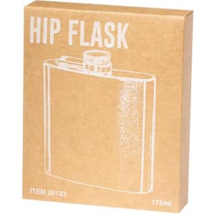 A drink bottle in a brown cardboard box, featuring a hip flask design and a logo on the packaging.