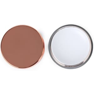 A set of two circular lip balm containers, one with a glossy rose gold lid and the other with a silver lid.