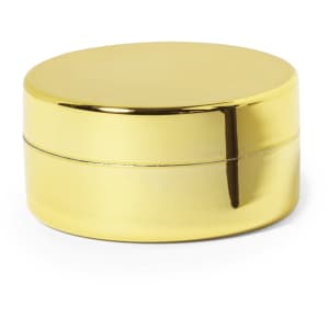 A shiny gold container with a smooth, reflective surface and a round shape, likely for holding lip balm.