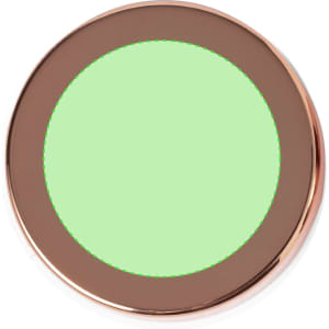 A round lip balm container with a metallic rose gold rim and a light green product inside.