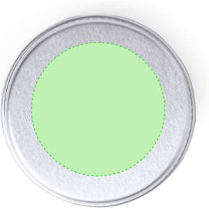 A round lip balm tin with a silver finish and a green circular lid. The tin features a logo.