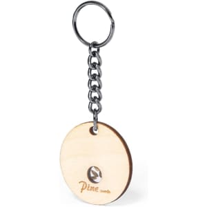 A wooden keyring with a circular shape and a metal chain, featuring a logo. The colour is natural wood and silver.