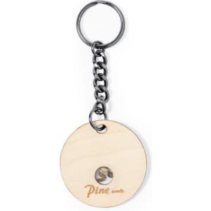 A wooden keyring featuring a circular design with a hole, attached to a metal chain and ring.