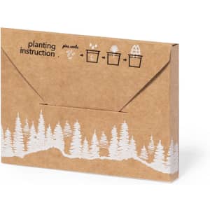 A brown envelope with white forest design, featuring planting instructions and a logo.