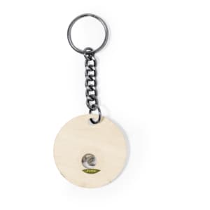 A wooden round keyring with a silver chain attached. The keyring features a small element in the centre.