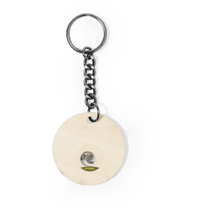 A wooden keyring with a circular design, featuring a logo and attached to a silver chain.