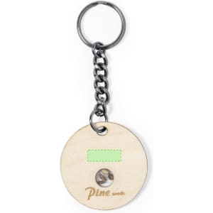 A wooden keyring with a circular shape, featuring a keychain and a small window showing seeds inside.